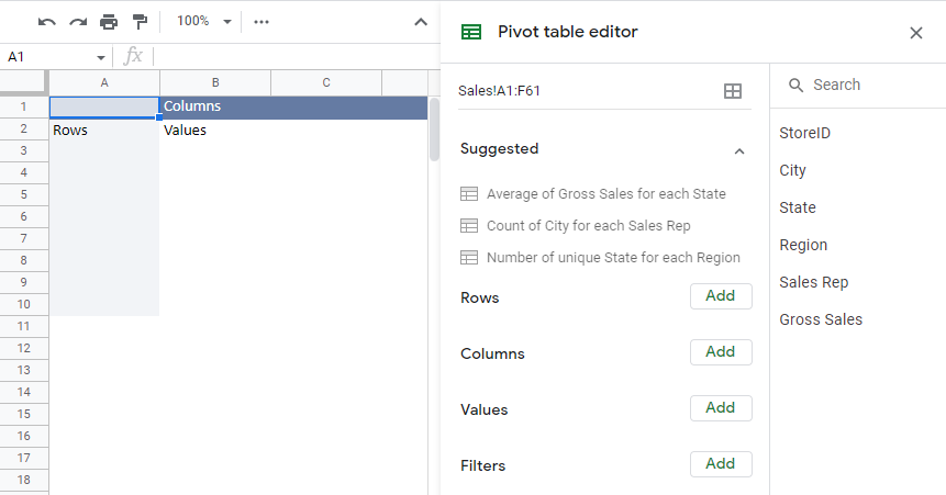 An empty pivot table. Elements are described below.