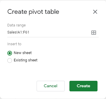 Create pivot table dialog box. Elements are described below
