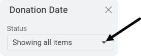 The donation date field filter drop-down menu