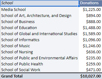 Pivot table showing the total amount of donations by 2013 graduates made before 1/1/2019, organized by school.