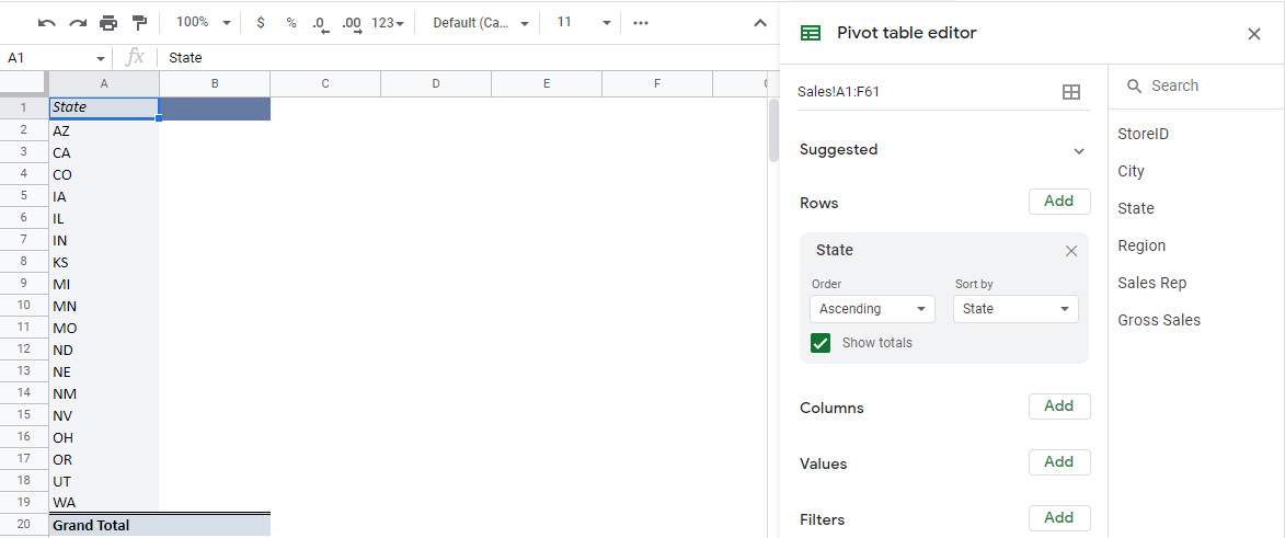 The pivot table has the states in rows 2 to 19. The Rows area in the pivot table editor shows the State field.