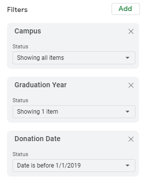 The Campus filter status is showing all items. The Graduation Year filter status is showing 1 items. The Donation Date filter status is Date is before 1/1/2019.