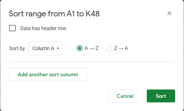 Sort range from A1 to K48 dialog box.