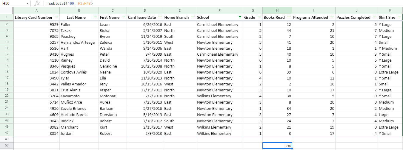 The filtered spreadsheet showing the number of books read by elementary school students.