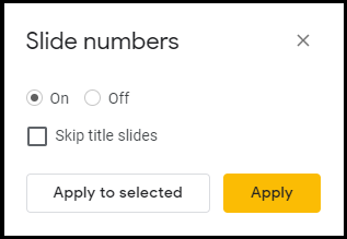 slide numbers dialog box which includes options to turn on or turn off slide numbering, skip the title slides, apply only to selected slides, or apply to all slides