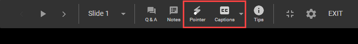 the presentation toolbar with the pointer and caption tools highlighted