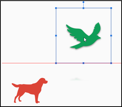 The bird image is selected and has the bounding box around it. The alignment line is at the bottom of the bird image and aligned to the top of the dog image.