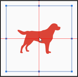 The dog image is selected, has the bordering box around it, and has two alignment lines (one vertical and one horizontal) going through the center of the image.