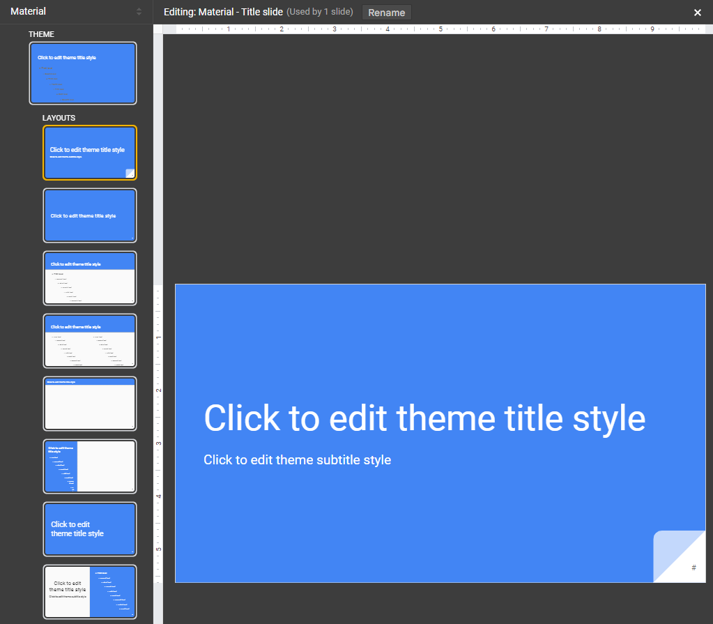 The Theme Builder view. Small thumbnail images of different slide layouts are on the left. A large view of the title slide is on the right,
