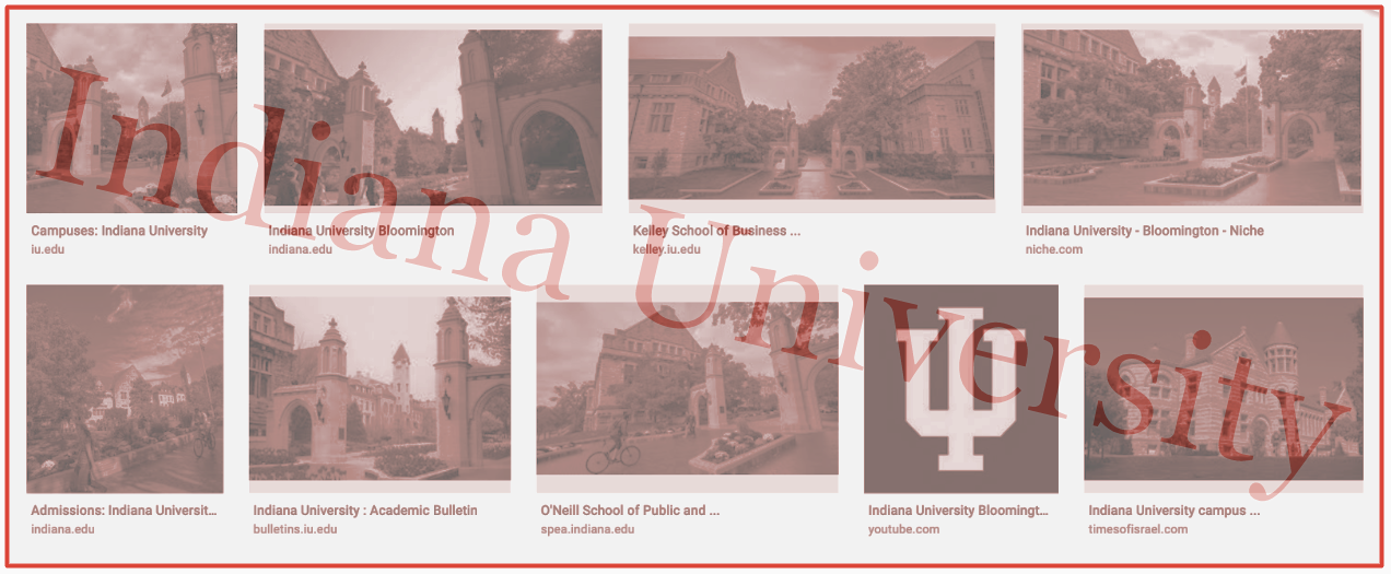 A large image containing a collection of small images of IU Bloomington with an indiana University logo showing through from behind the image.
