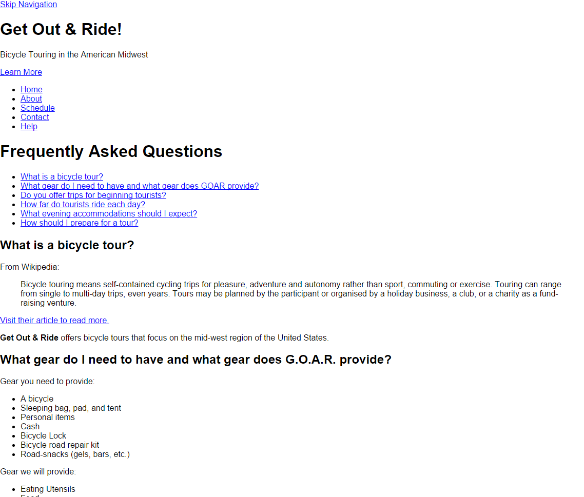 Get Out & Ride starting point file. Page is black and white with blue hyperlinks.