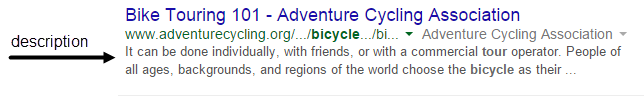 Search Results from Google with the description of the page highlighted.