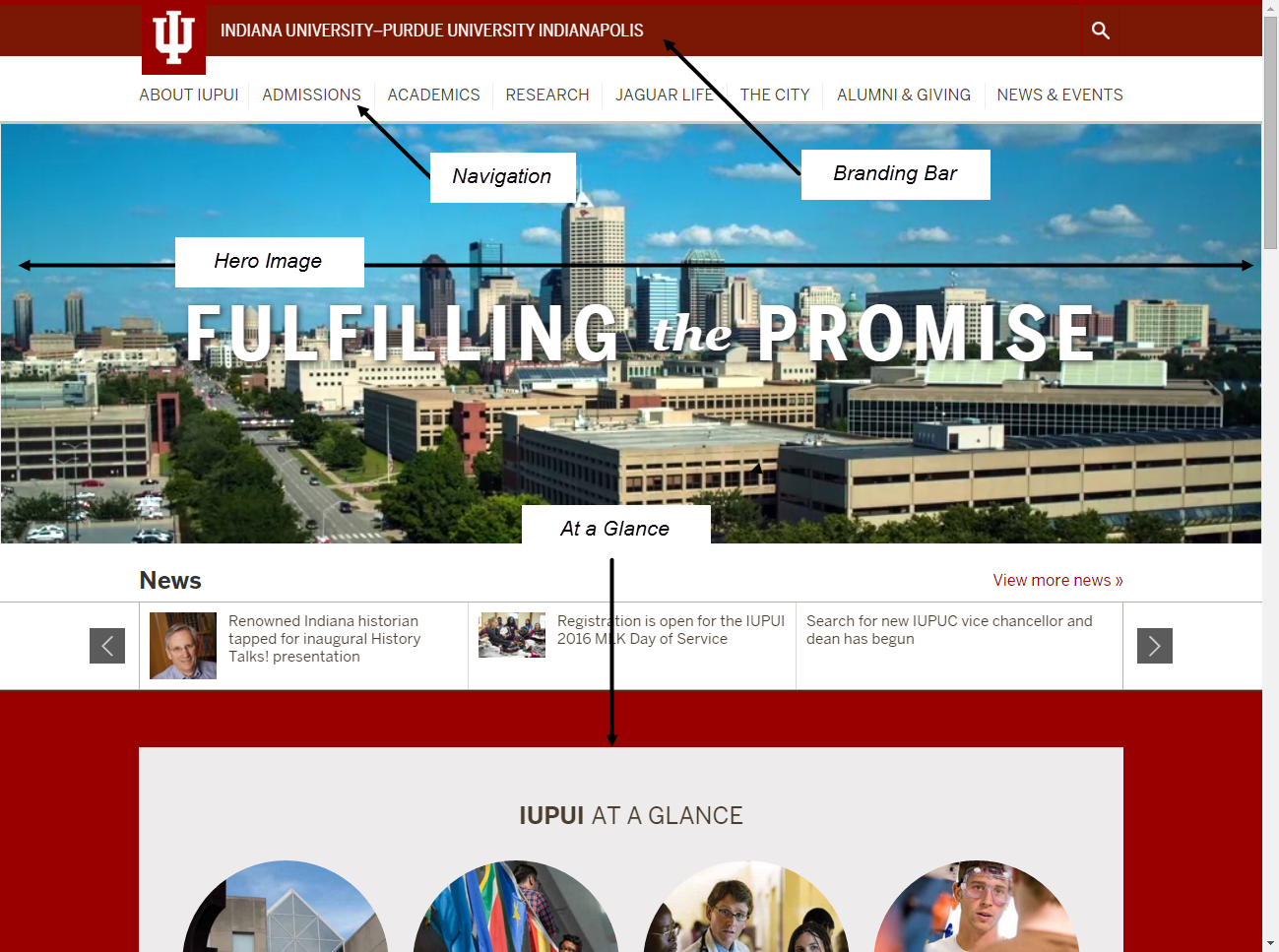 Full-width desktop version of the IUPUI home page.