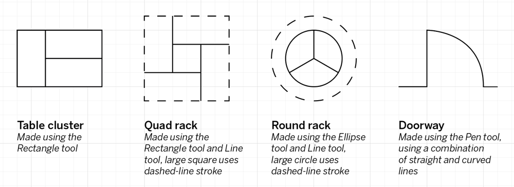 Example floor plan elements from the file Floor plan practice.ai.