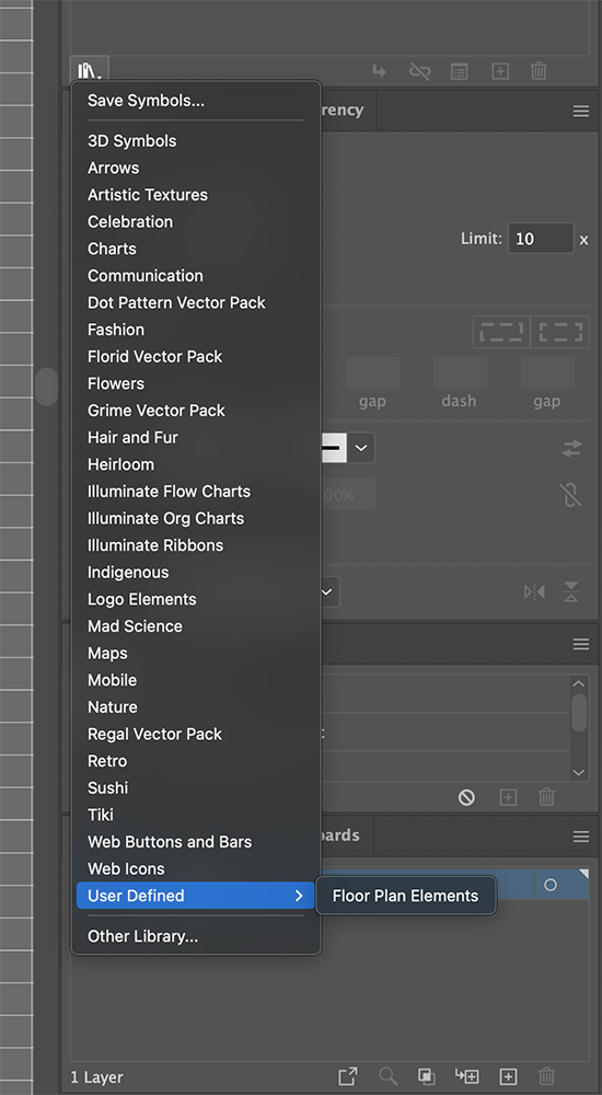 Libraries menu from Symbols panel, showing the newly created library in the User Defined Libraries sub-menu.