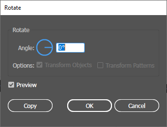 Image of the Rotate Dialog box, which allows us to set a specific angle for rotating an object and also allows us to make a rotated copy of an object.