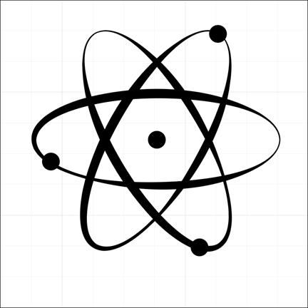 Image of completed atom logo, which is comprised of three overlapping ovals with a small circle in the center. Smaller circles, representing electrons, are included on the overlapping ovals, one on each oval.