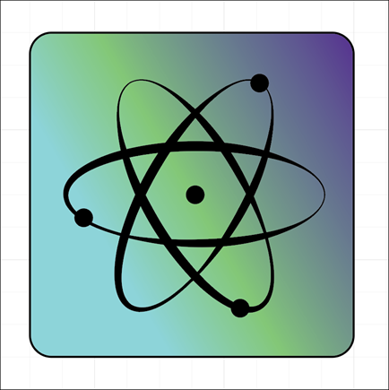 Rounded square with gradient shown previously, now with the atom logo created in a previous section on top of the square.