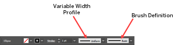Small section of the Control Panel displaying options for working with an object's stroke, focusing on the drop-down menus for the Variable Width Profile and Brush Definition menus.