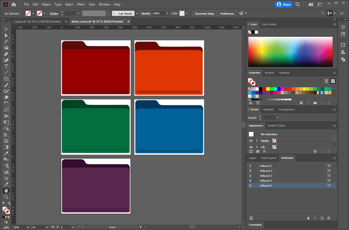 Illustrator interface with a file open that consists of five folder icons in different colors, each on its own artboard.