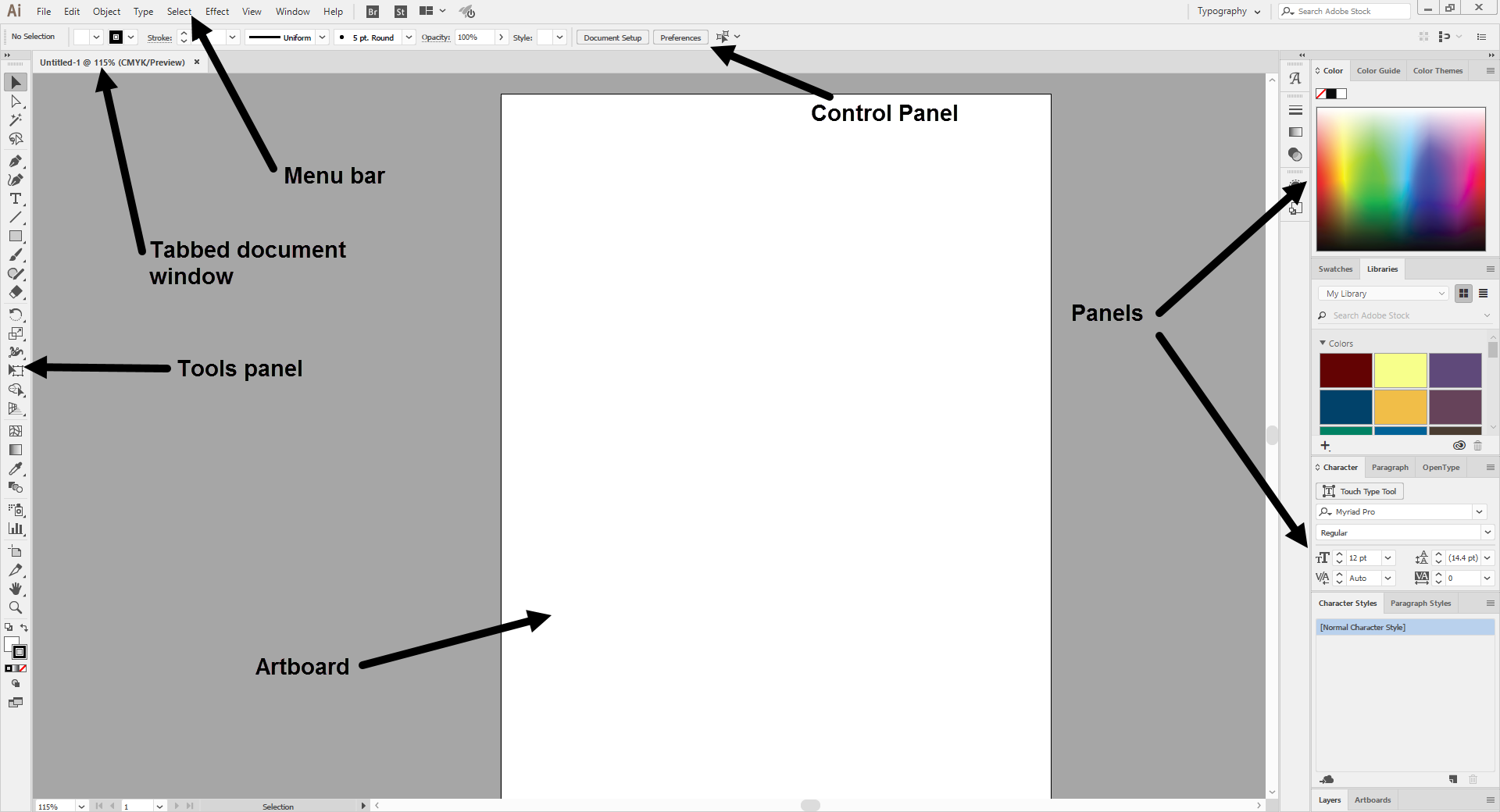 Image of the Illustrator interface with a new document open.