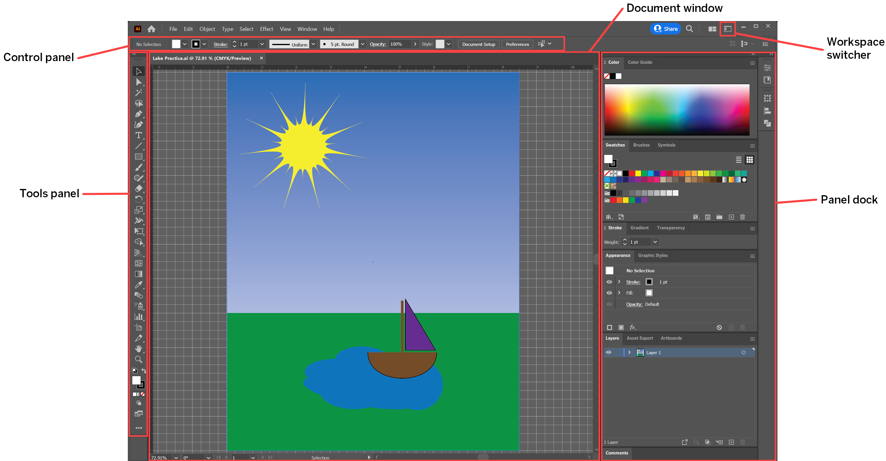 Image of the Illustrator interface, with the Start workspace visible.