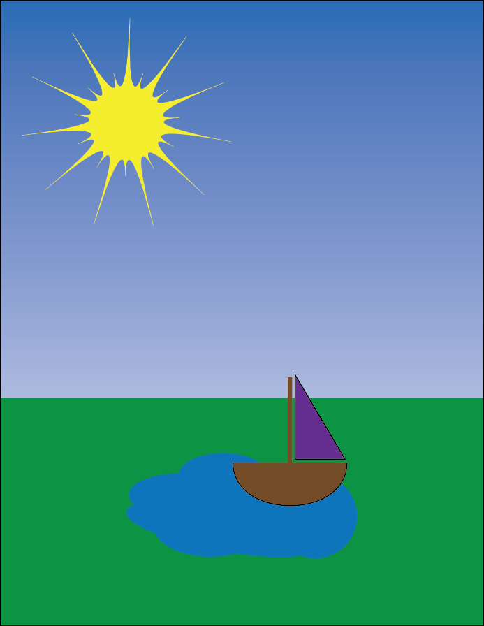 Image of the completed boat scene, with a boat floating on a pond and the sun high in the sky.