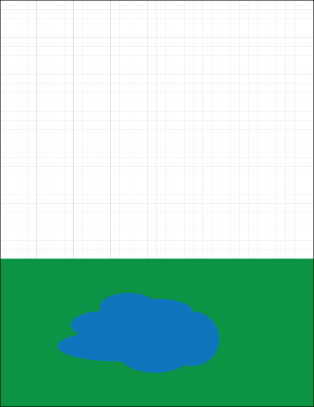 Landscape drawing progress up to this point. A green rectangle spans the bottom four inches of the artboard, representing grass, with overlapping blue ovals and circles in the middle of the rectangle to represent a pond.