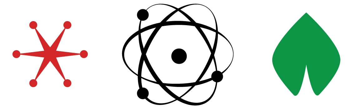 Image of the three completed logos: a star with circles on its points, an atom, and a leaf on a gradient background.