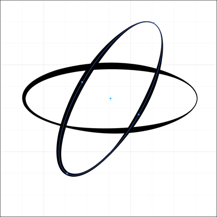 Two overlapping ovals, one rotated at a 60 degree angle in comparison to the other