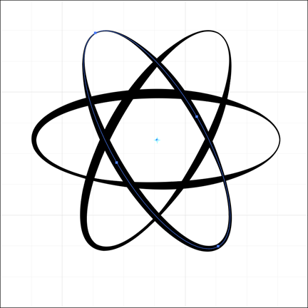 Three overlapping ovals - one is positioned horizontally, the second is rotated 60 degrees from the first, and the third is rotated 60 degrees from the second.