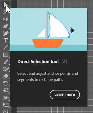 Cursor hovering over the Direct Selection tool, with a rich tooltip indicating the tool's keyboard shortcut and a graphic demonstrating how the tool works.