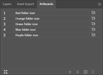 Artboards panel showing the list of artboard names for the folder icon file - Red folder icon, Orange folder icon, Green folder icon, Blue folder icon, and Purple folder icon.