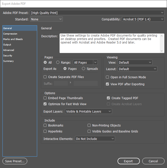 Export Adobe PDF dialog box, described in text following the image.