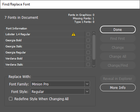 Find/Replace Font dialog box. Dialog box described in the following paragraph.