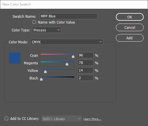 New Swatch dialog box, showing the CMYK color value fields filled with the numbers we entered in step c and the swatch showing the same shade of blue as seen in the Midwest Pet Pals logo. 