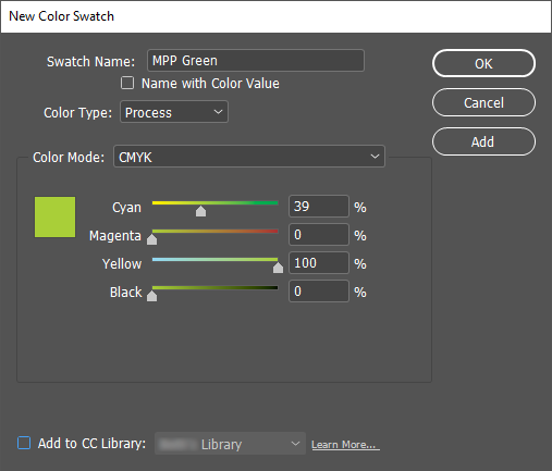 New Swatch dialog box, showing the CMYK color value fields filled with the numbers we entered in step c and the swatch showing the same shade of green as seen in the Midwest Pet Pals logo. 