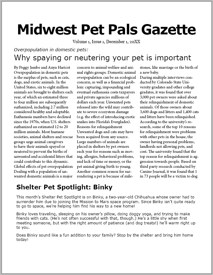 Front page of the newsletter, with grids and guides turned off to show how the page will look if printed right now. The sidebar article is inset slightly from the rest of the text.