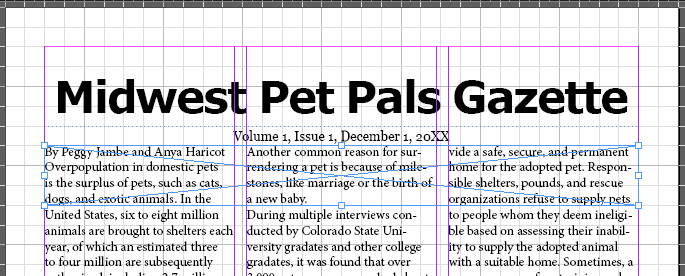 Top part of the first page of the newsletter, showing the frame we just created overlapping the three columns of text.