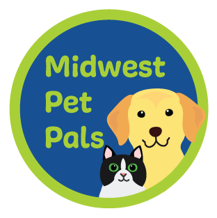 Midwest Pet Pals logo, which consists of a medium-blue circle with a bright green outline, the text "Midwest Pet Pals" in the same shade of green as the logo's border, a black and white cat, and a Golden Retriever dog.