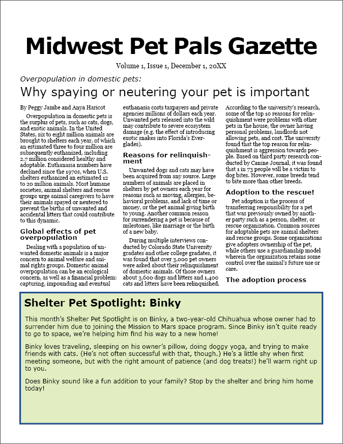 Page one of the newsletter up to this point, including the styled body text and subheadings for the main article and the sidebar article created in a previous section.