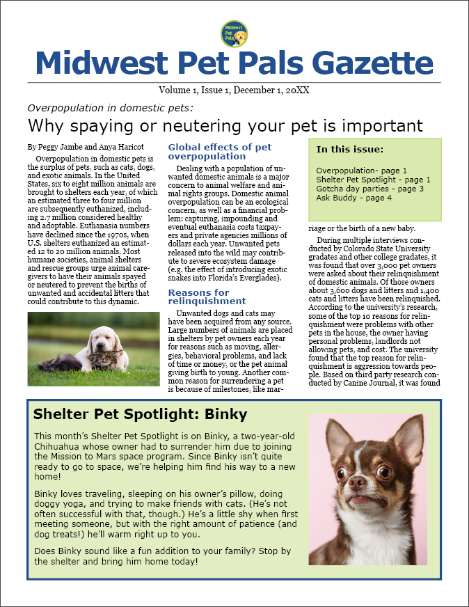 Page one of the completed newsletter.