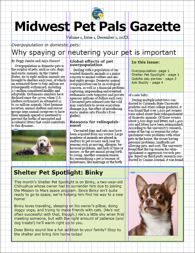 Page one of the newsletter after adding content with the Content Placer. The only changes visible are the addition of the Midwest Pet Pals logo above the newsletter's name and a table of contents in the top of the right column of text.
