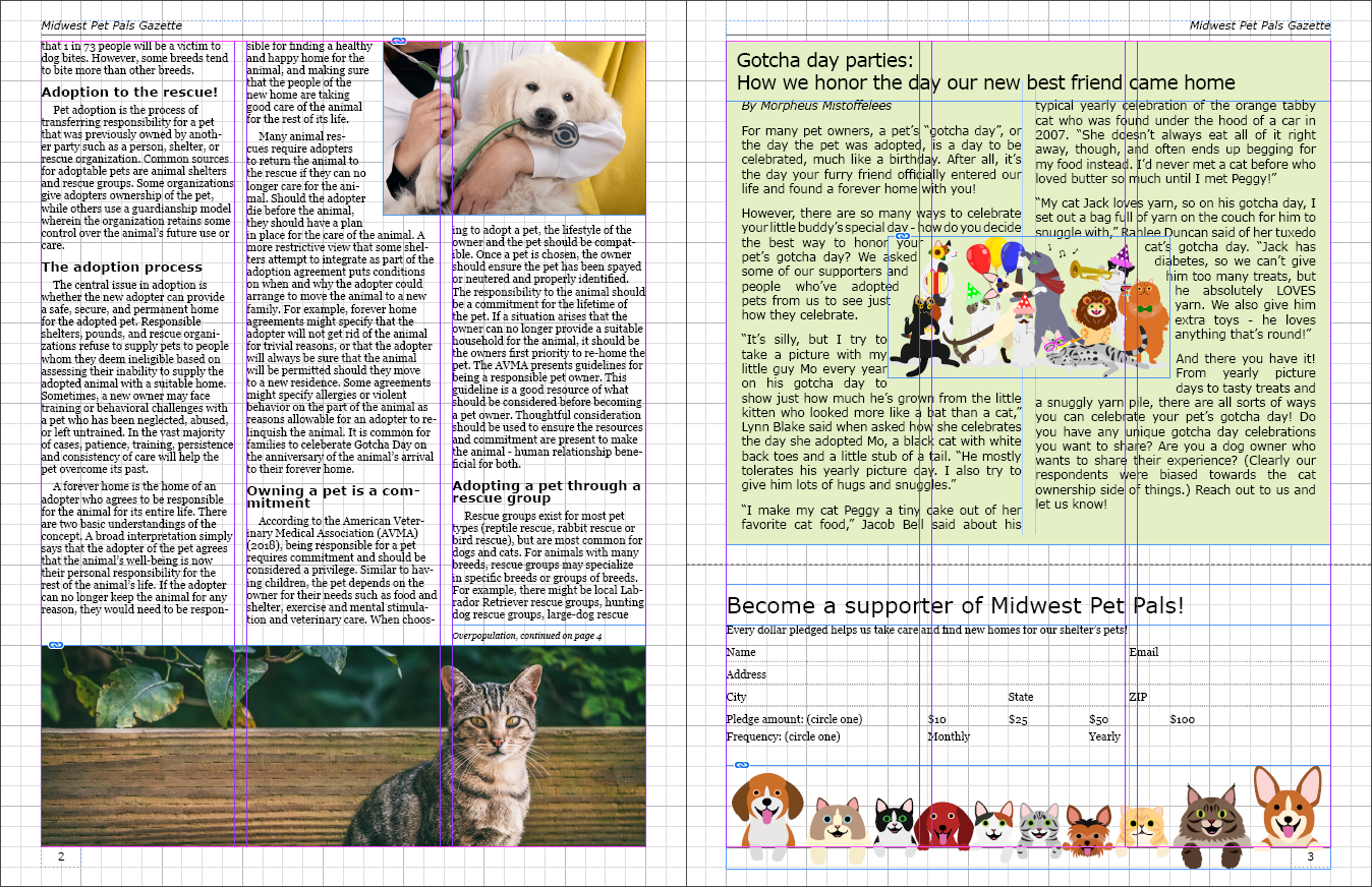 Spread of pages 2 and 3, after content has been added to page 3 using the Content Placer. Page 3 now has an article about celebrating a pet's "gotcha day" with a cartoon illustration of cats partying, and underneath the article is a donation form for supporting the Midwest Pet Pals shelter.