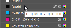 Black swatch in the Swatches panel, with a tooltip displaying that shows C=0, M=0, Y=0, K=100.