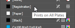 Registration color swatch, with a tooltip displaying that says 'Prints on all plates'