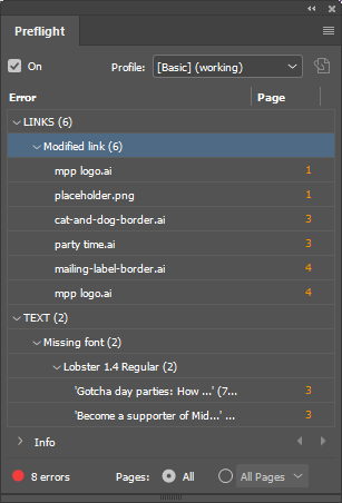 Preflight panel, showing a number of link and text errors.