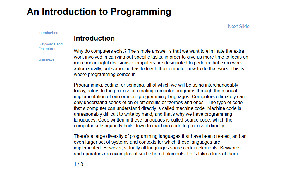 The Introduction to Programming finished project. The website has a title, next and previous slide navigation, and a menu on the left that allows users to jump between the Introduction, Keywords and Operators, and Variables slides.