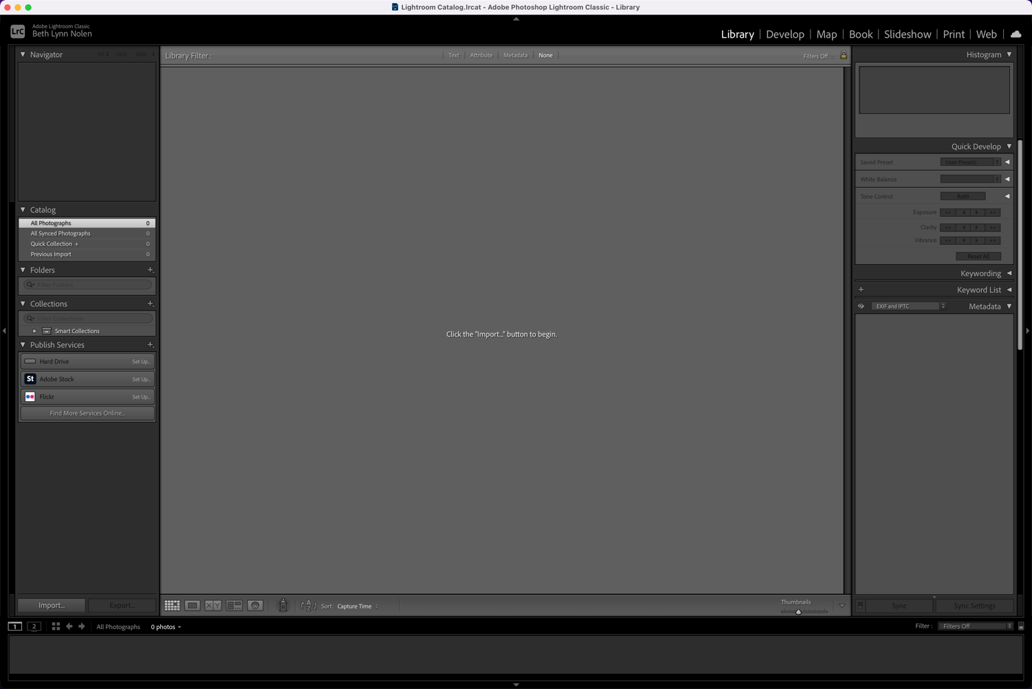 Lightroom Classic interface, as displayed when no library is open. To the left and right sides of the main work area are panel docks, which contain different panels depending on the module selected.