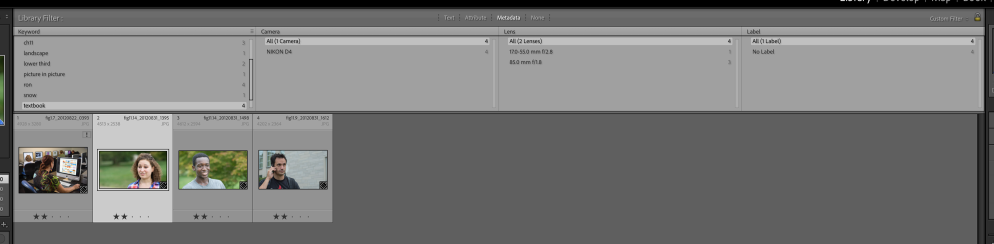 Metadata filtering categories, including the categories Keyword, Camera, Lens, and Label.